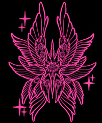 a pink bird with wings on a black background